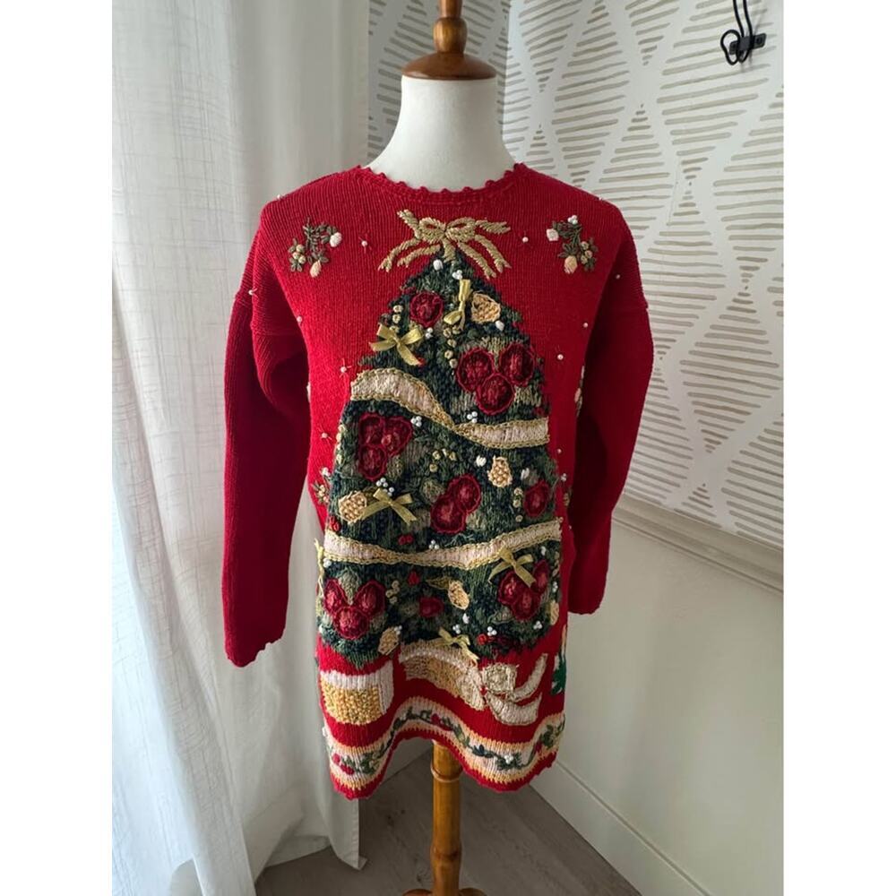 Tiara International Women’s Small Vintage Christmas Tree Knit Tacky Glam Sweater